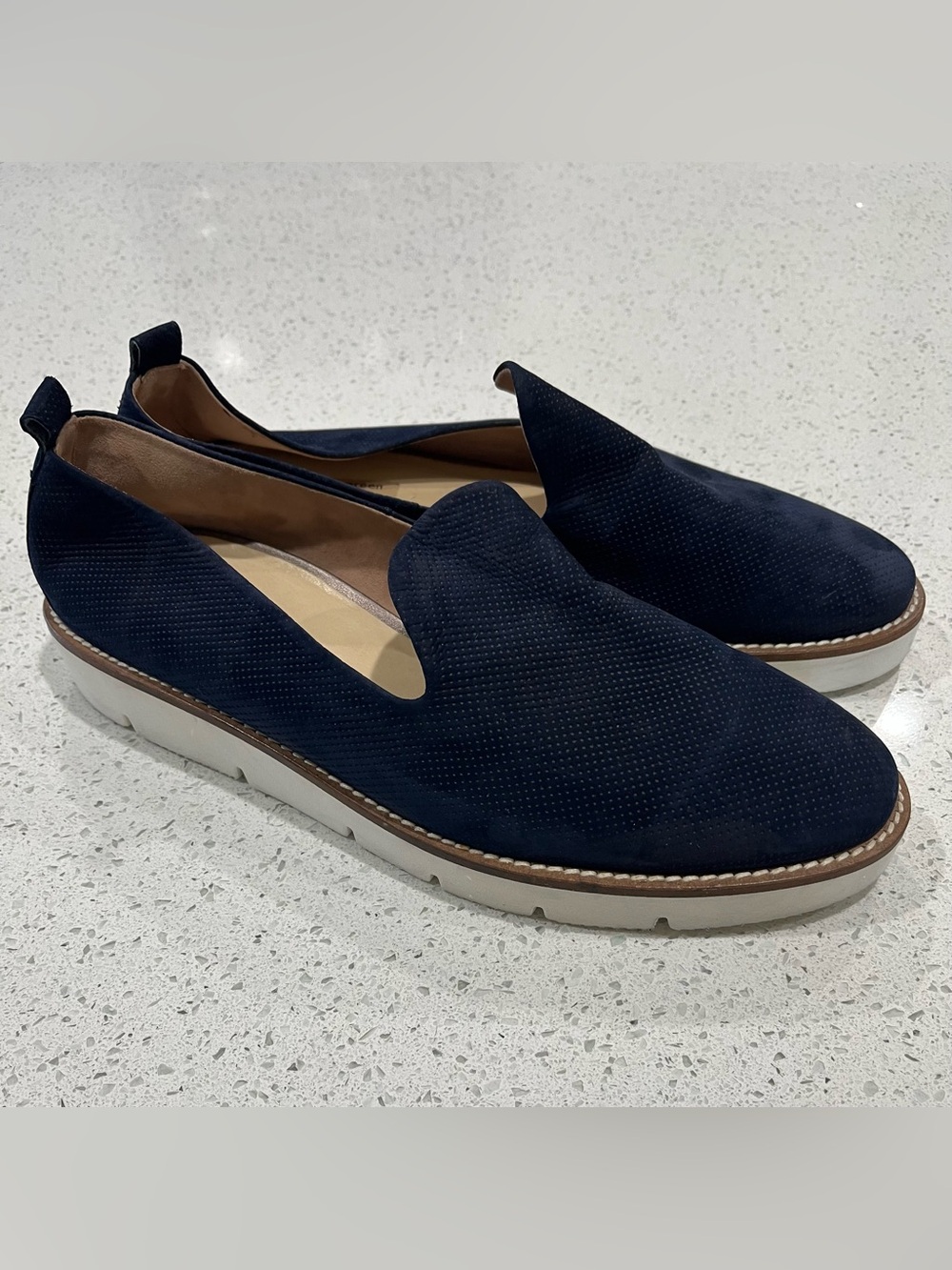 Paul Green Women Navy Blue Perforated Suede Super Soft Platform Loafers US Sz 8